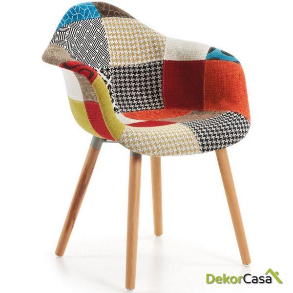 Silla con brazos madera natural tejido patchwork