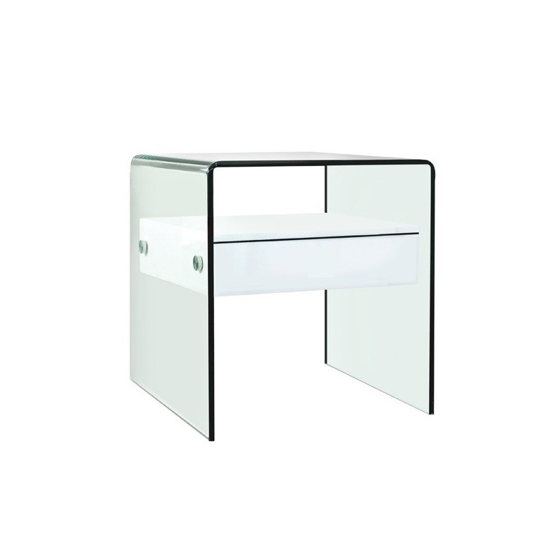 mesa corin cristal curvado cajon blanco 50x45 cms