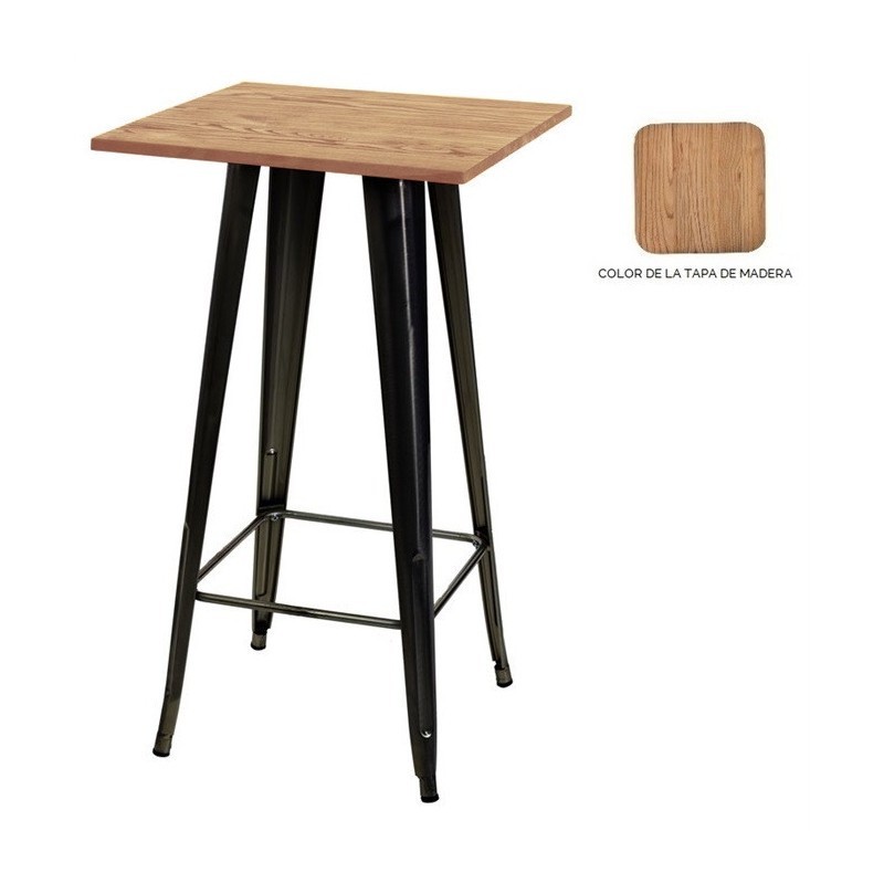 mesa tol alta acero madera negra 60x60 cms