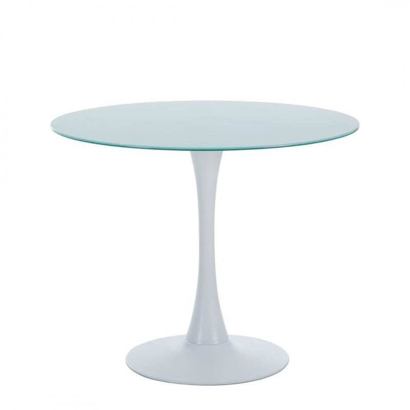 mesa tul metal tapa de cristal blanco 90 cms de diametro