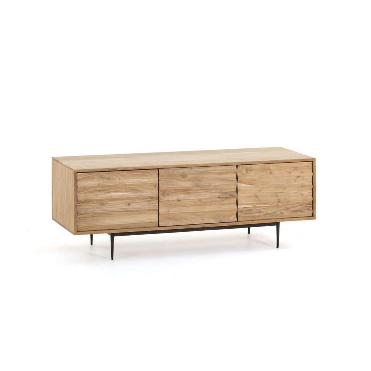 Mueble TV Delsie de madera maciza de acacia y patas de acero acabado negro 147 x 50 cm