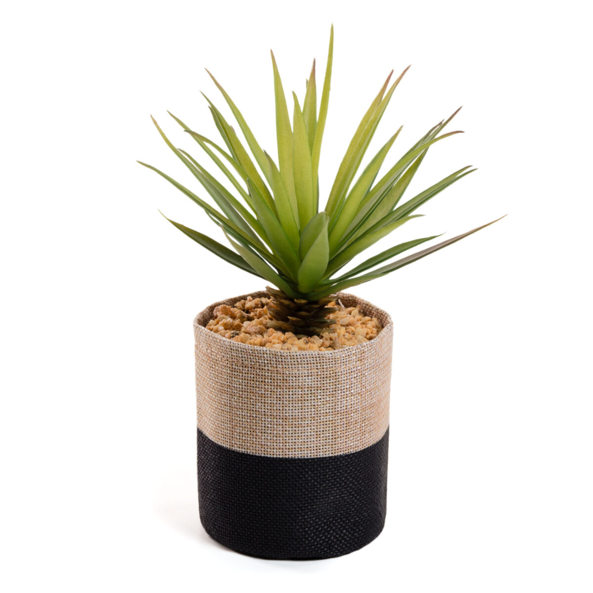 Planta artificial Palmera pequeña con maceta de rafia natural y negro 21 cm