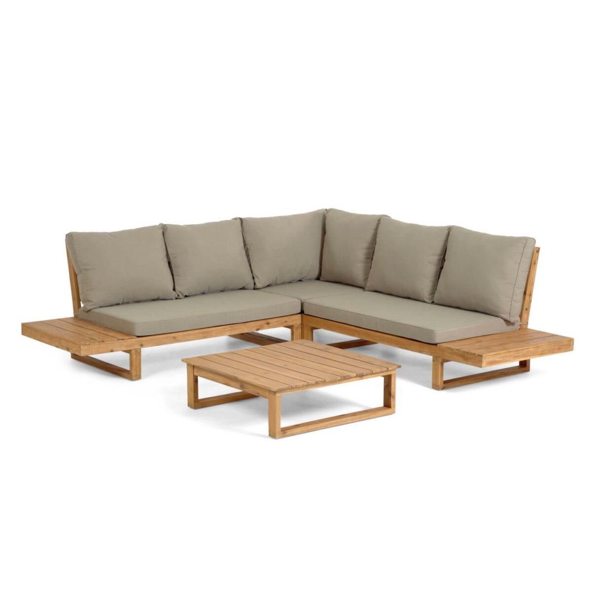 Set Flaviina de sofá rinconero 5 plazas y mesa de madera maciza acacia FSC 100%