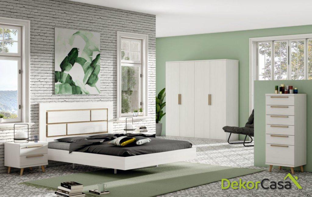 conjunto dormitorio color polar con detalles roble natural
