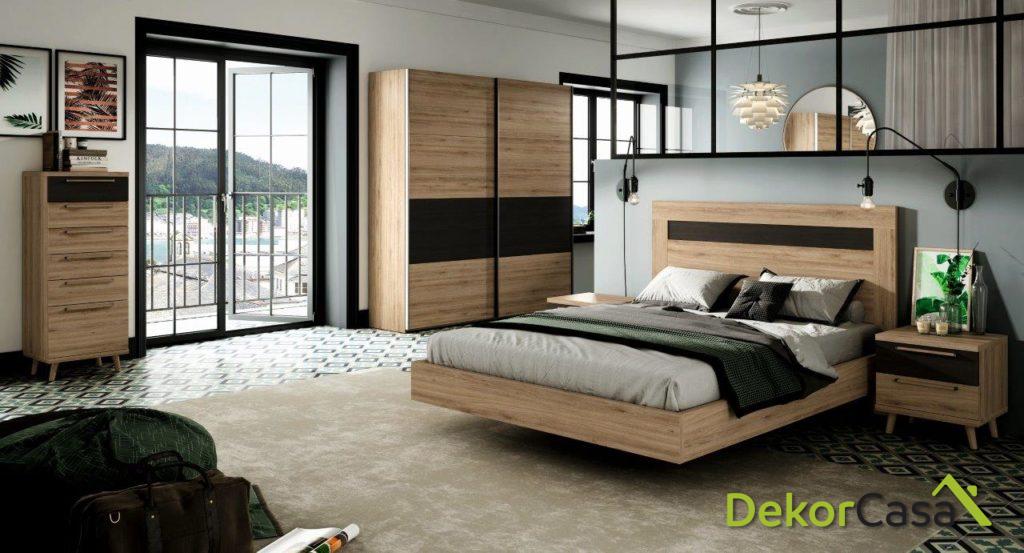 conjunto dormitorio color roble natural con detalles azabache