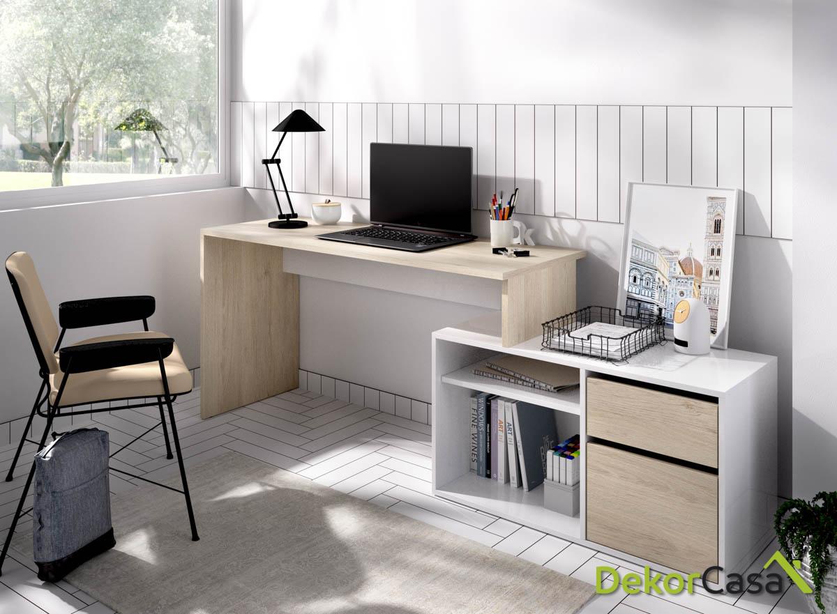 Mesa Escritorio Modelo ROX, Mesa Despacho Reversible, Color Madera Natural  y Blanco Brillo.
