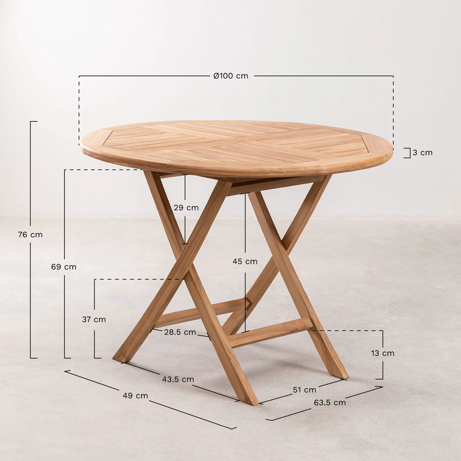 mesa de jardin plegable en madera de teca o100 cm pira 3
