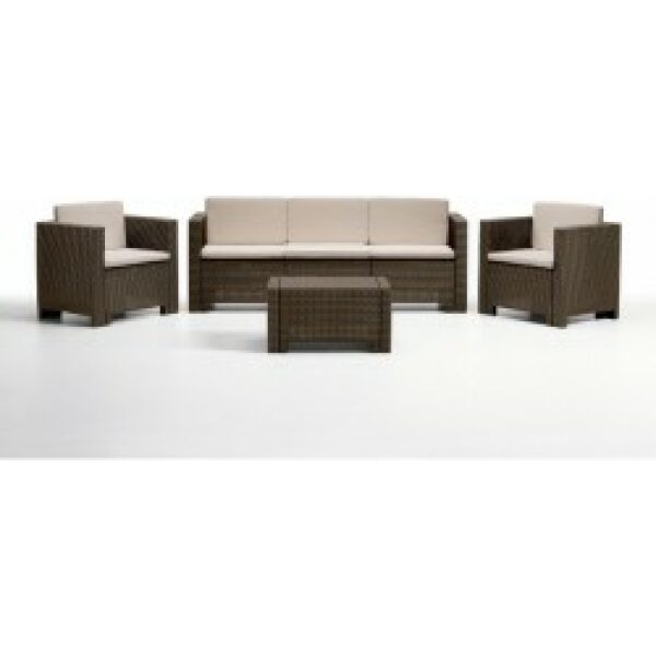 Conjunto acacia 2 sillones 1 sofa de 3 plazas y mesa baja poliratan chocolate cojin beige