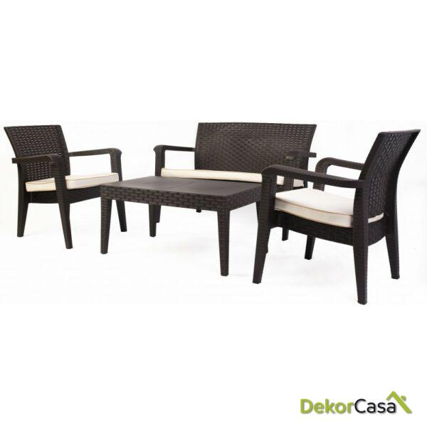 Conjunto alboran 2 sillones sofa 2 plazas mesa polipropileno chocolate cojines incluidos