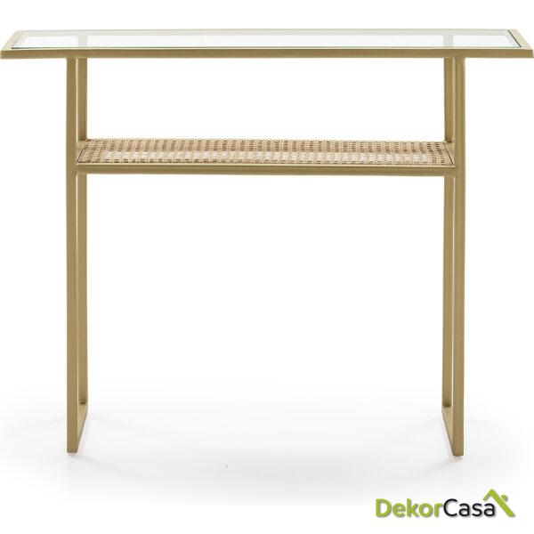 Consola 100X27X80 Cristal/Ratán/Metal Dorado