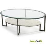 Mesa De Centro 107X62X44 Cristal/Mármol Blanco/Metal Marrón Oscuro