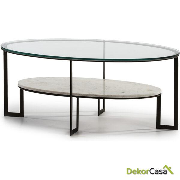 Mesa De Centro 107X62X44 Cristal/Mármol Blanco/Metal Marrón Oscuro