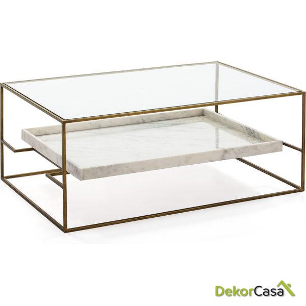 Mesa De Centro 111X76X45 Cristal/Mármol Blanco/Metal Dorado