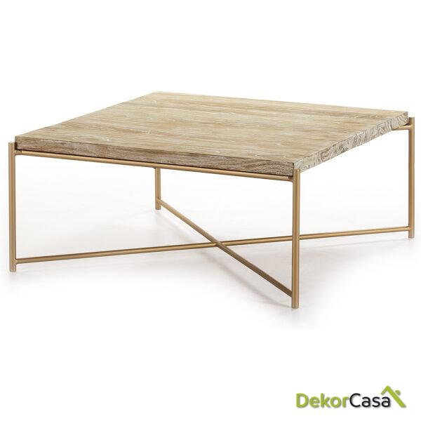 Mesa De Centro 90X90X40 Madera Blanco Lavado/Metal Dorado