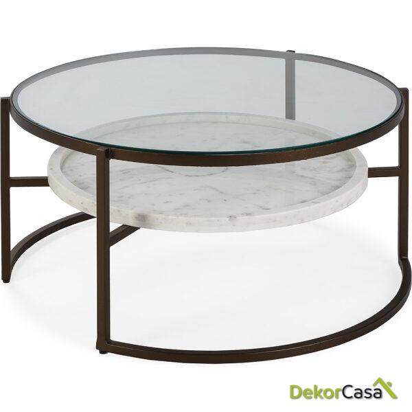 Mesa De Centro 92X92X45 Cristal/Metal/Mármol Transparente/Bronce/Blanco