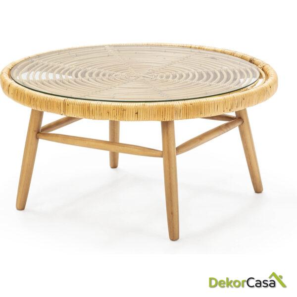 Mesa De Centro 92X92X46 Madera De Cedro/Cristal Templado Natural