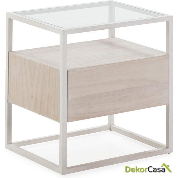 Mesita De Noche 50X40X55 Cristal/Madera Blanco/Blanco Lavado