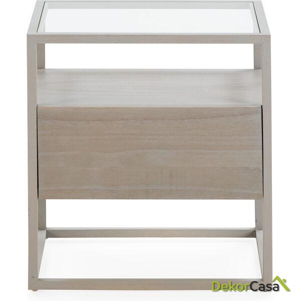 Mesita De Noche 50X40X55 Cristal/Madera Natural Con Pátina Gris