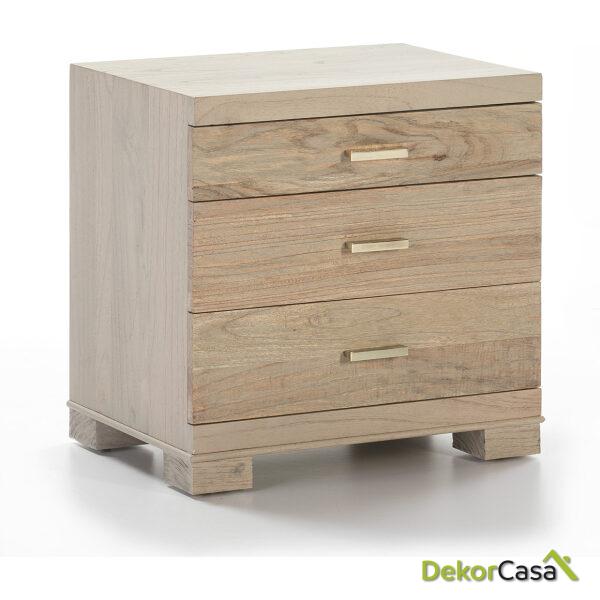 Mesita De Noche 55X40X55 Madera Natural Con Pátina Gris 3 Cajones