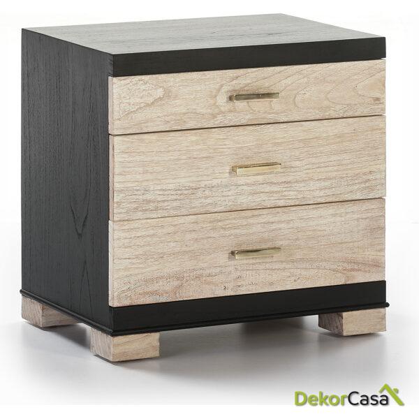 Mesita De Noche 55X40X55 Madera Negro Mate/Blanco Lavado 3 Cajones