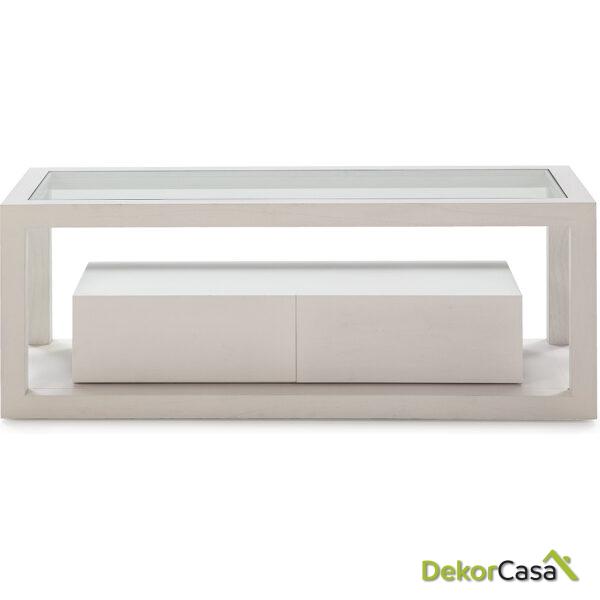 Mueble Tv 120X45X45 Cristal/Madera Blanco 2 Cajones