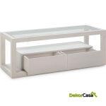 Mueble Tv 120X45X45 Cristal/Madera Blanco 2 Cajones