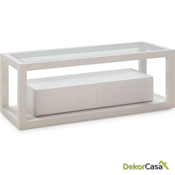 Mueble Tv 120X45X45 Cristal/Madera Blanco 2 Cajones