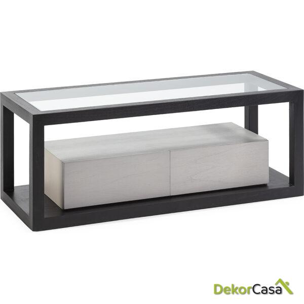 Mueble Tv 120X45X45 Cristal/Madera De Cedro Negro/Natural Con Pátina Gris