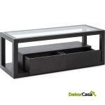 Mueble Tv 120X45X45 Cristal/Madera Negro 2 Cajones