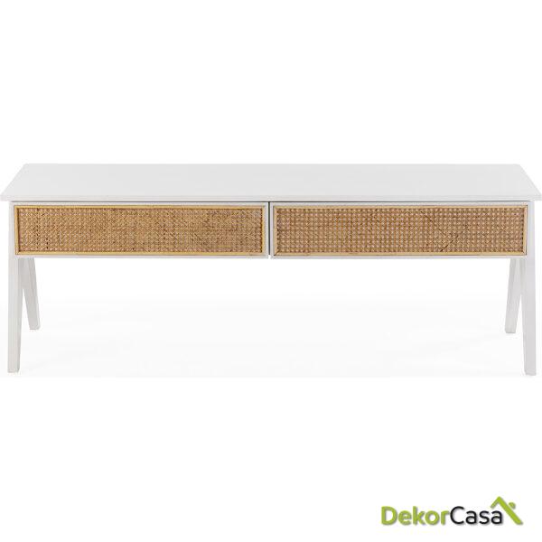 Mueble Tv 150X45X52 Madera De Cedro/Ratán Blanco/Natural