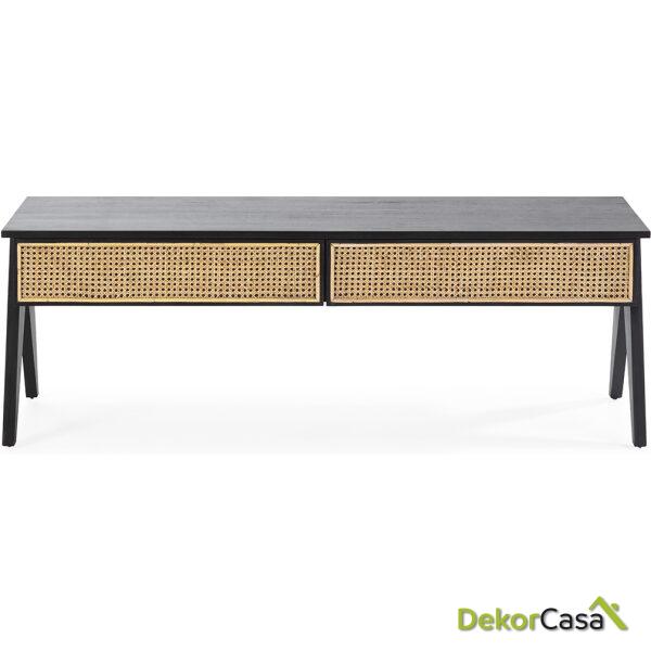 Mueble Tv 150X45X52 Madera De Cedro/Ratán Negro/Natural