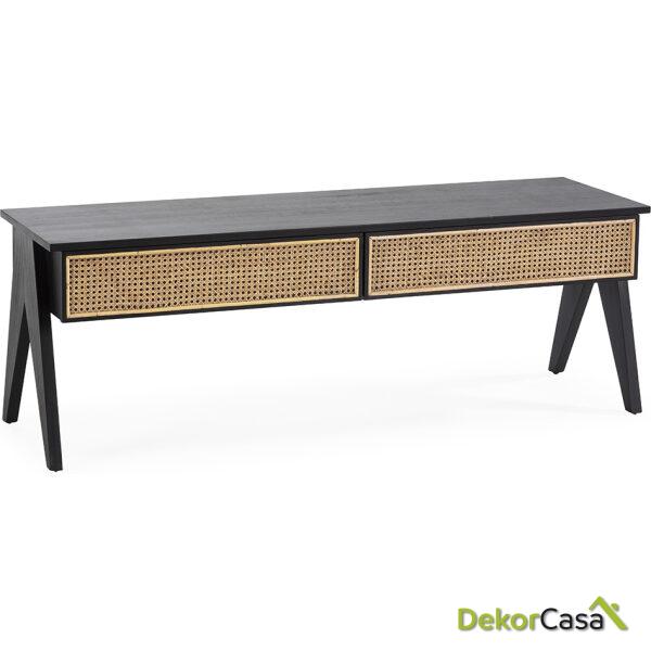 Mueble Tv 150X45X52 Madera De Cedro/Ratán Negro/Natural