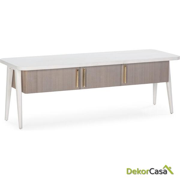 Mueble Tv 150X50X51 Madera Blanco/Natural Con Pátina Gris