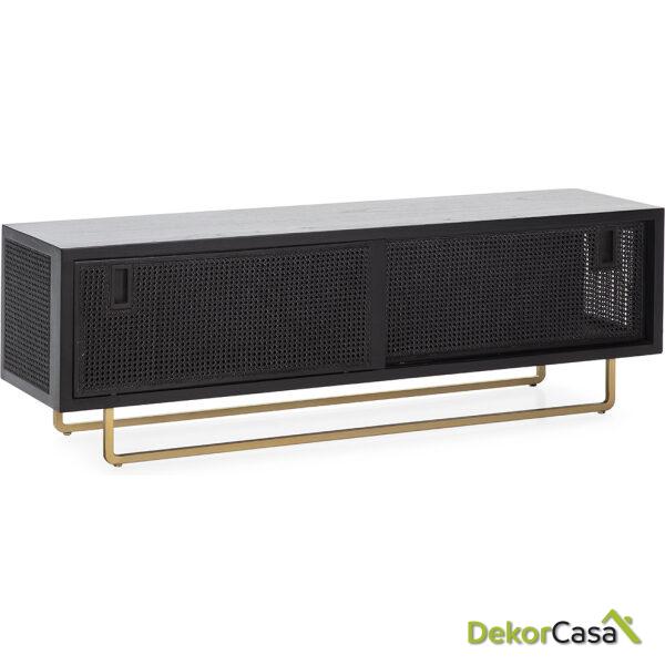 Mueble Tv 160X42X52 Madera/Ratán/Metal Negro/Dorado