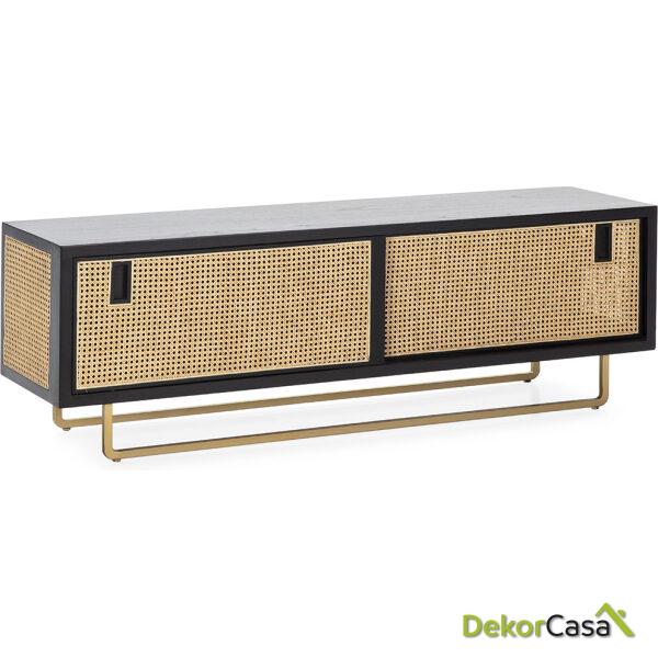 Mueble Tv 160X42X52 Madera/Ratán/Metal Negro/Natural/Dorado