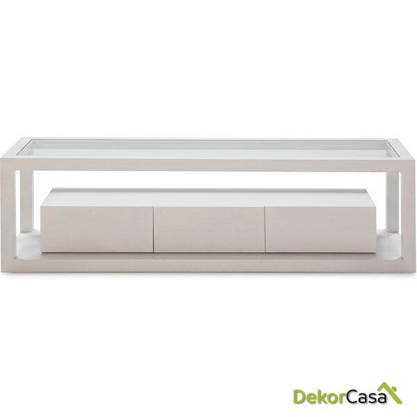 Mueble Tv 160X45X45 Cristal/Madera Blanco 3 Cajones