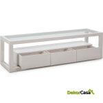 Mueble Tv 160X45X45 Cristal/Madera Blanco 3 Cajones