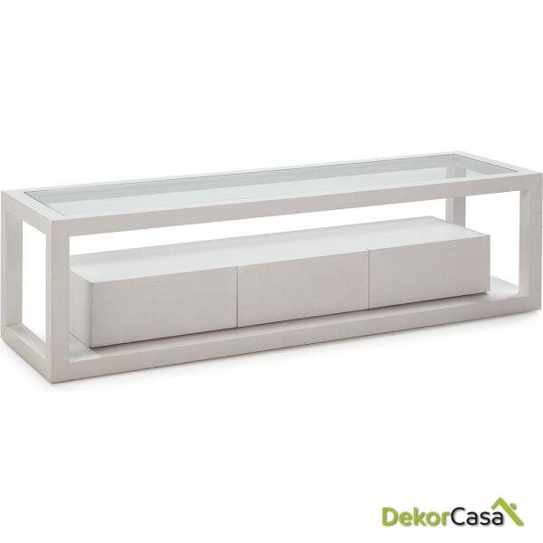 Mueble Tv 160X45X45 Cristal/Madera Blanco 3 Cajones