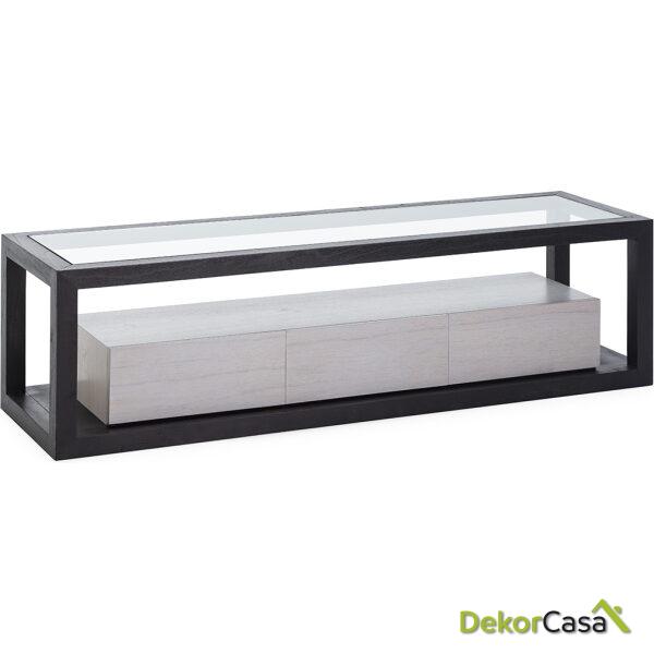 Mueble Tv 160X45X45 Cristal/Madera De Cedro Negro/Natural Con Pátina Gris