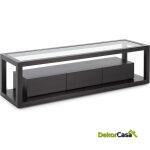 Mueble Tv 160X45X45 Cristal/Madera Negro 3 Cajones