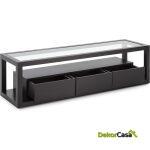 Mueble Tv 160X45X45 Cristal/Madera Negro 3 Cajones