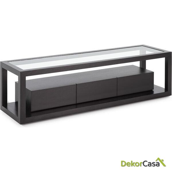 Mueble Tv 160X45X45 Cristal/Madera Negro 3 Cajones