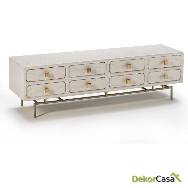 Mueble Tv 160X45X50 Metal Oro/Madera Blanco 8 Cajones