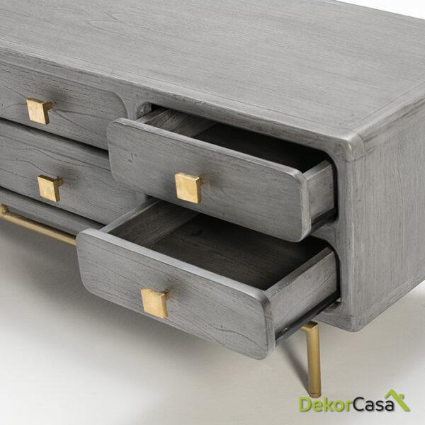 Mueble Tv 160X45X50 Metal Oro/Madera Gris 8 Cajones