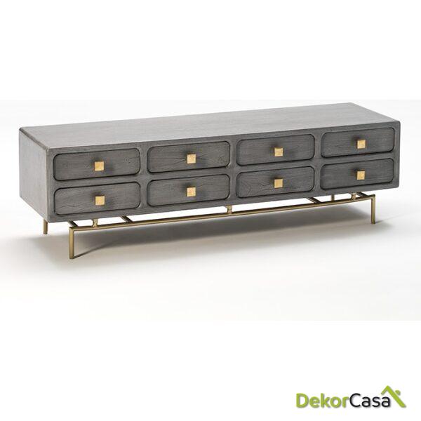 Mueble Tv 160X45X50 Metal Oro/Madera Gris 8 Cajones