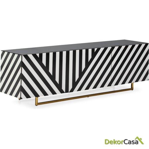 Mueble Tv 175X44X46 Cristal Blanco/Negro/Acero Dorado