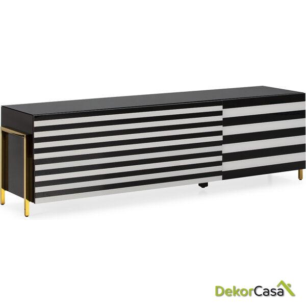 Mueble Tv 180X44X46 Cristal Blanco/Negro/Acero Dorado