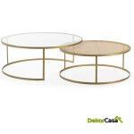 Set/2 Mesa De Centro 120X120X46 Cristal/Ratán/Metal Dorado