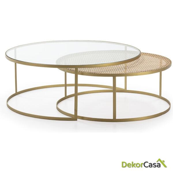 Set/2 Mesa De Centro 120X120X46 Cristal/Ratán/Metal Dorado