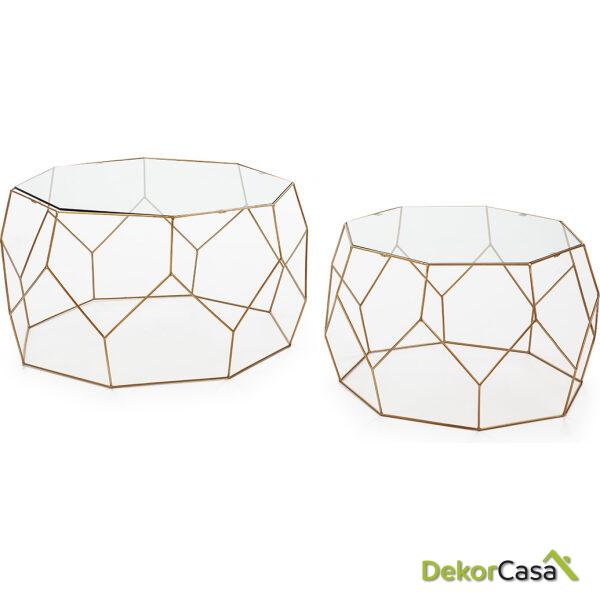 Set/2 Mesa De Centro 92X92X49 / 73X73X44 Cristal/Metal Dorado